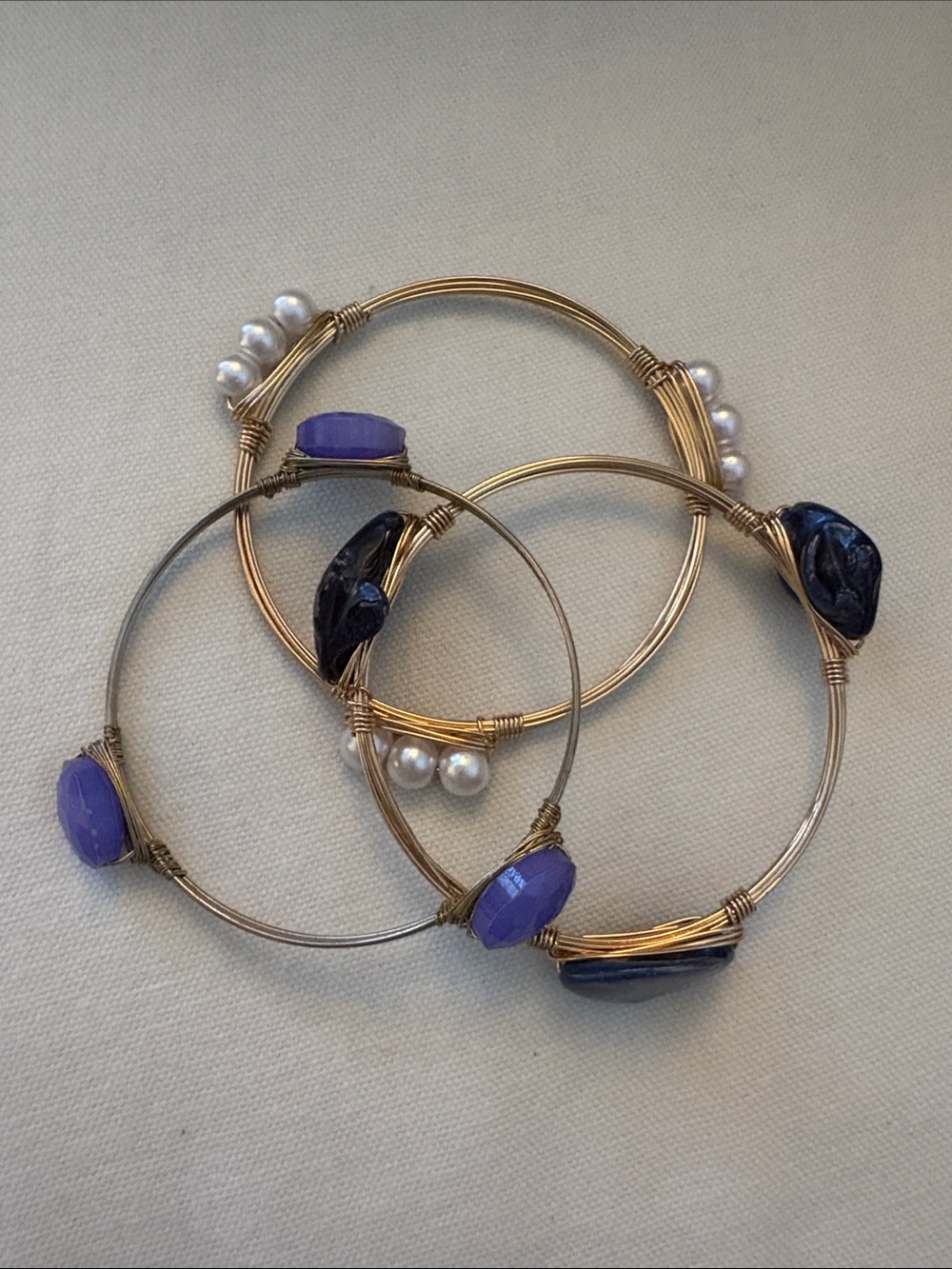 Gold Wire Bangle Bracelet Set with Blue, Purple Stones & Pearl Accents